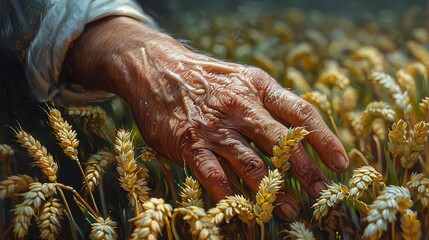 Fototapeta premium Farmers Hand Tenderly Touches Green Wheat Leaves 