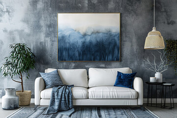Contemporary living room interior features abstract artwork picture against concrete wall. White sofa adorned with blue pillows and a throw blanket. Potted plant and woven lamp add touch of nature and