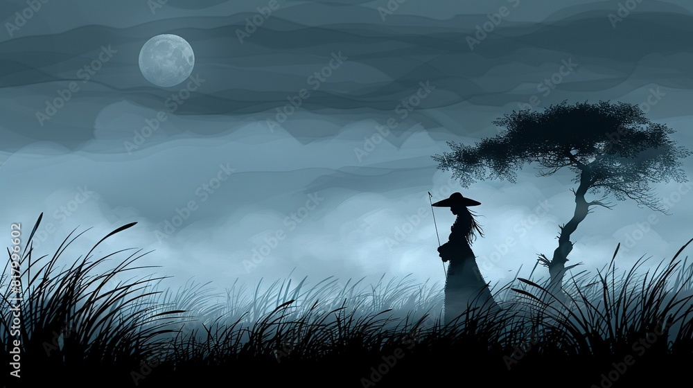 Poster a person standing in a moonlit field with a tree in the background