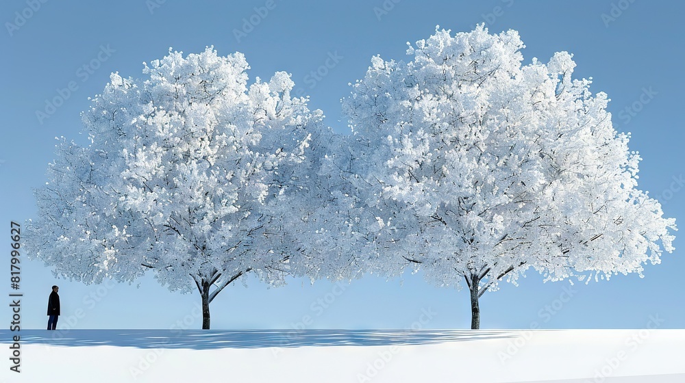Poster a man stands between two snow-covered trees in a field with a blue sky above and a person in the for