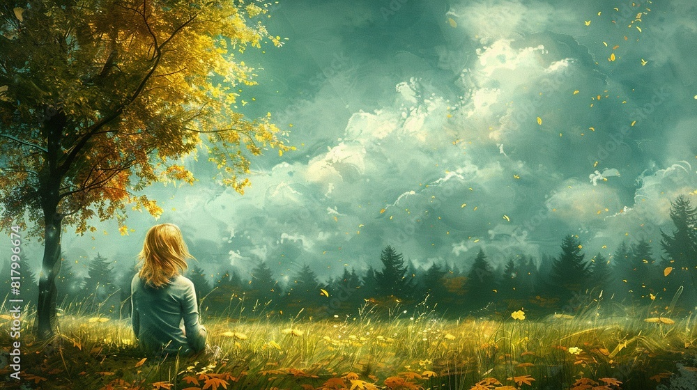 Poster a depiction of a lady reclining amidst a meadow, flanked by a tree in close proximity and clouds spr