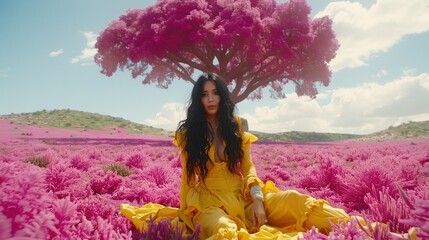   A woman wearing a yellow dress is captured sitting amongst a sea of pink blossoms, with a majestic tree standing tall in the background of this photograph - Powered by Adobe