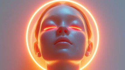 A woman's face is glowing with a warm orange light