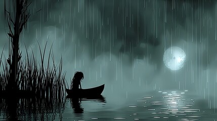  A person in a boat on water under a full moon during rain