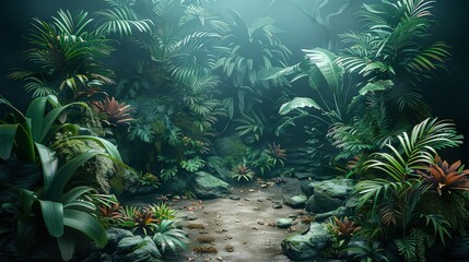 A dark tropical jungle with various carnivorous hostile plants and flora, ashen color floor and dense foliage in the background. Empty centrally lit clearing. Generative AI. © visoot