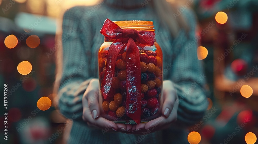 Poster a person holds a jar of candy adorned with a red bow, with strings of lights visible in the backgrou