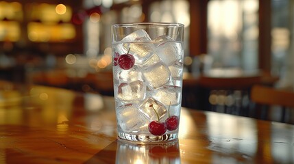  A glass filled with ice and raspberries sits on a wooden table by a window