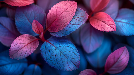 Macro leaves background texture blue, turquoise, pink color. Transparent skeleton leaves. Bright expressive colorful beautiful artistic image of nature.