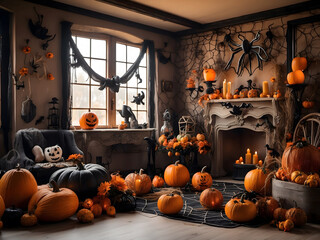 Obraz premium interior of the house decorated for Halloween pumpkins, webs and spiders, design