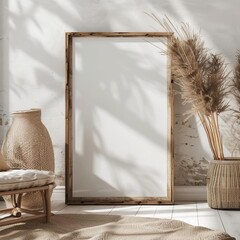 Blank wooden frame mockup in bright interior with design elements, frame mockup, interior background, 3d render, farmhouse rustic interior design