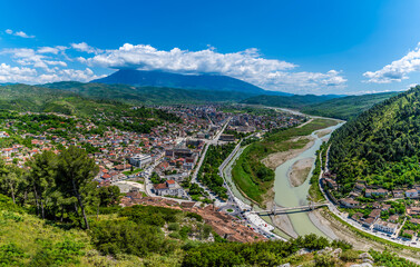 A panorama view over the city of Berat from the castle above Berat, Albania in summertime