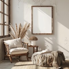 The interior of the living room in a boho style. There is a wooden frame on the wall, a chair, a pouf, a carpet on the floor, and a decorative plant in a pot.