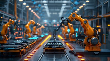A panoramic view of a high-tech electronic factory floor, with robots assembling circuit boards, vibrant LED lights illuminating the space, all captured in a hyper-realistic style