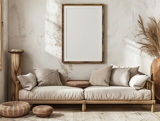 A living room with a sofa, pillows, and a vase with a plant in it, frame mockup, interior background, 3d render, farmhouse rustic interior design