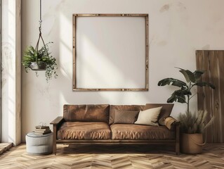 A mid-century modern living room with a brown leather sofa, a wooden coffee table, and a large plant in the corner