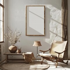 A room with a wooden chair, a table, a vase, and a lamp, frame mockup, interior background, 3d render, farmhouse rustic interior design