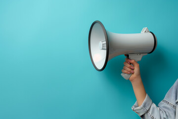 Woman Holding Megaphone on blue background