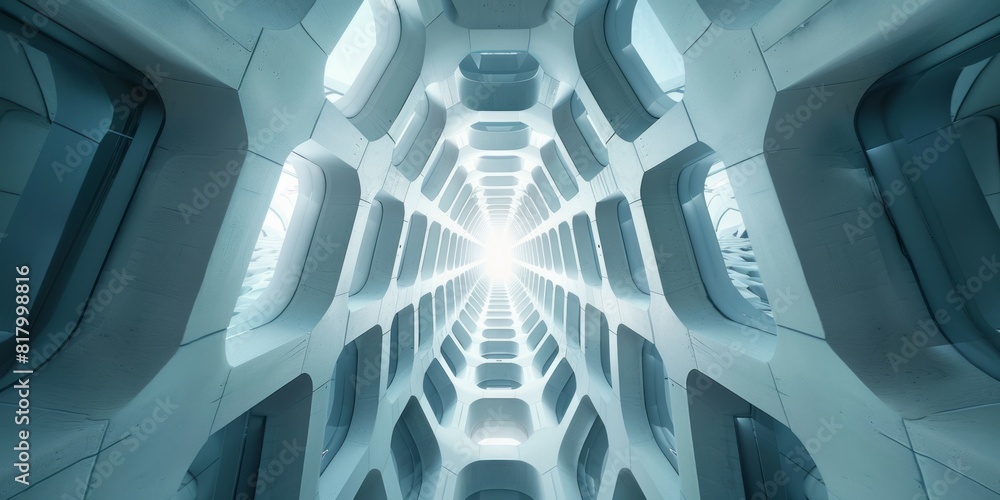 Poster a modern architectural structure with light piercing through it