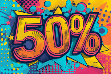 50% off text pop art discount banner