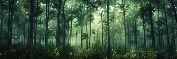 Sunlight filtering through dense rainforest trees creating a mystical and serene atmosphere in a lush green forest perfect for nature and environmental themes.
