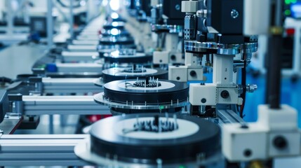 Close-up on the high-tech machinery used in the production of semiconductors at an industrial electronics factory, under precise lighting