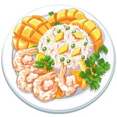 Joyful Plate of Khao Kluk Kapi - Shrimp Paste Fried Rice with Mango and Shallots on Isolated White Background in Cute Chibi Style