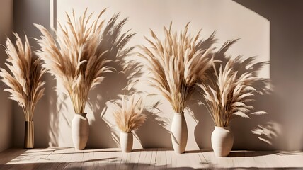 Naklejka premium beautiful-shades-of-neutral-pampas-grass-and-reeds-makes-for-an-aesthetic-background-with-sunlight