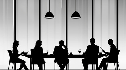 Corporate Business Team Silhouette Sitting at Table Discussing Strategy in Modern Office Environment - Professional Manager Leading Discussion with Young Entrepreneurs for Successful Collaboration
