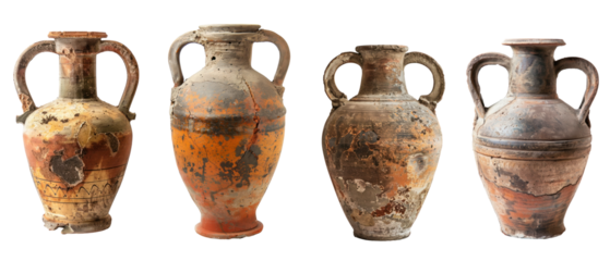 Old antique amphora, set, transparent background or isolated on white