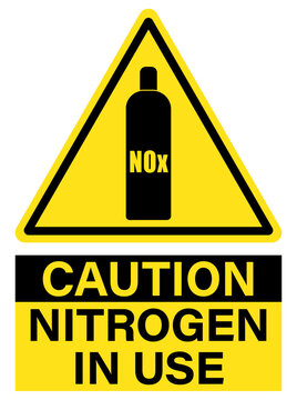 Caution, nitrogen in use. Yellow warning triangle sign with gas cylinder and text below.