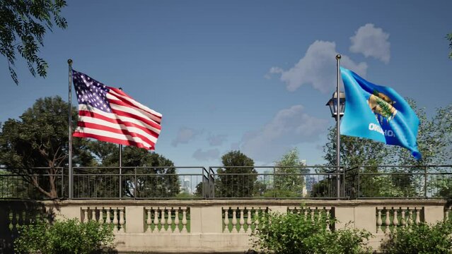 Modellazione 3D di balcone storico con bandiere USA e Oklahoma 