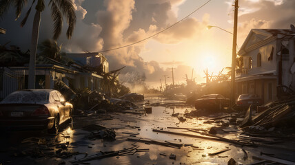 View of the destroyed city after the last hurricane. A post-apocalyptic scene with a car in the foreground and a house in the background