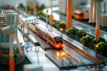 A train is parked at a station. The scene is set in a city on bokeh style background