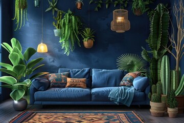 boho style decorated living room, flat roof ceiling with bohemian plants in pots and cacti, blue...