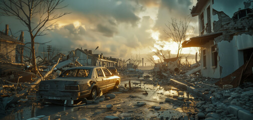 Fototapeta premium The destruction after the hurricane. The car got stuck on a flooded street in a ruined city. The sky is overcast