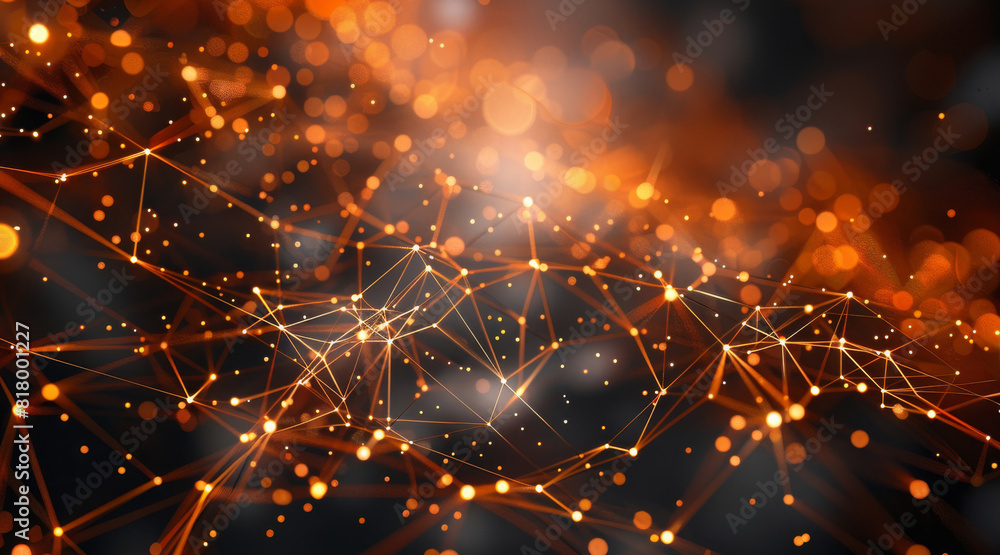 Leinwandbilder An abstract futuristic network pattern using mostly orange and black color scheme to be used as a subtle background pattern, show depth of field. Generative AI.