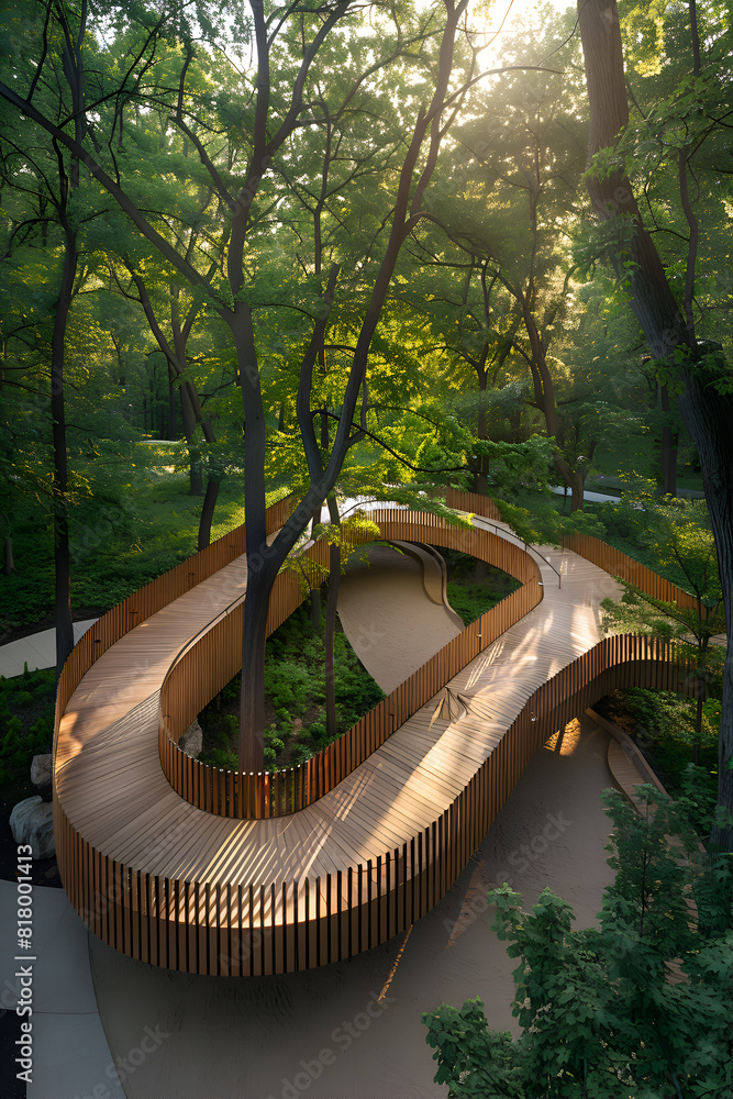 Poster a wooden bridge with a curved design is shown in the image. the bridge is surrounded by trees and he