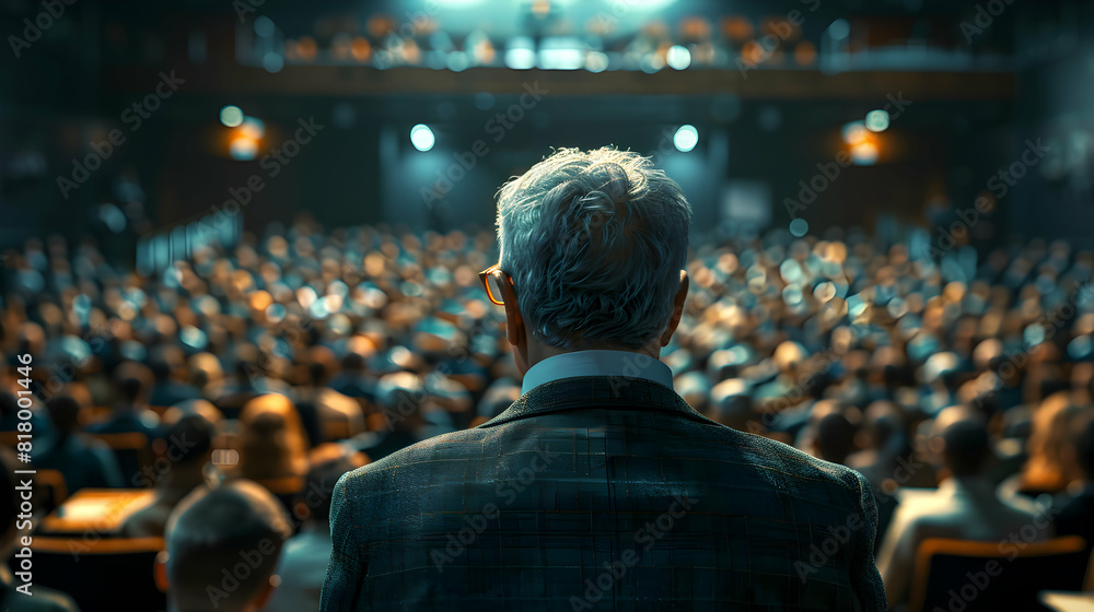 Poster photo realistic of a university professor giving a lecture in a large lecture hall, capturing the es