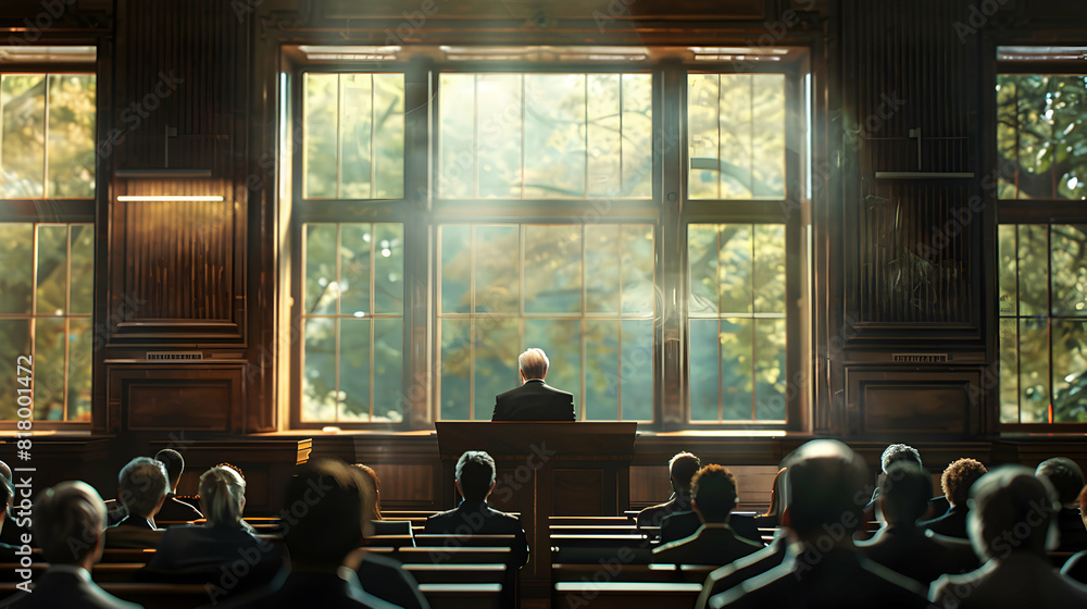 Poster photo realistic concept: university professor giving lecture in large lecture hall symbolizing tradi
