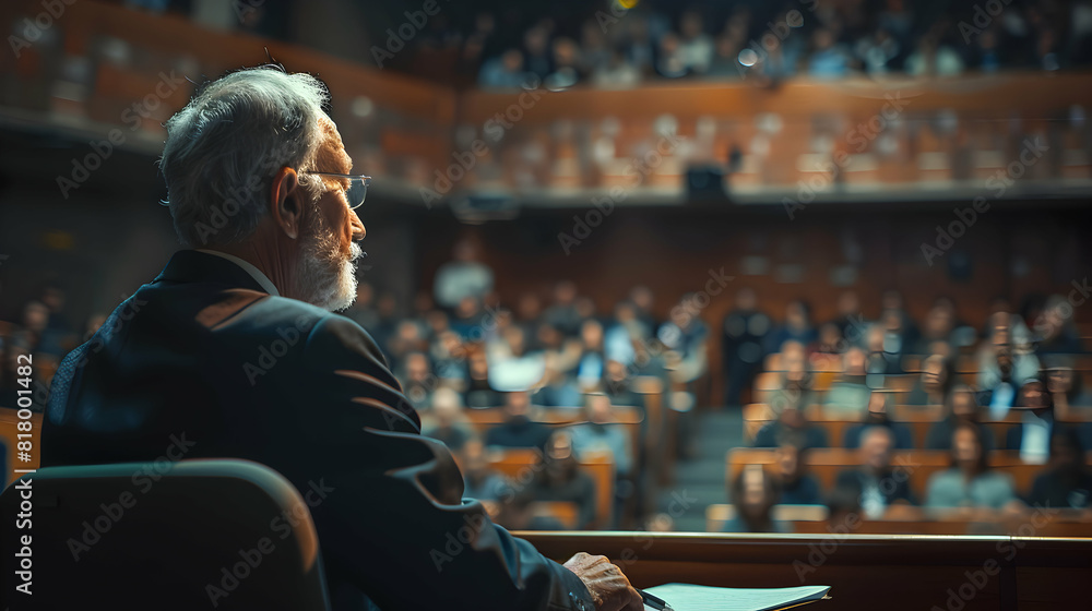 Poster photo realistic concept of a university professor delivering a lecture in a large lecture hall, repr