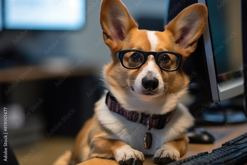Poster a cute corgi wearing glasses sits in front of a computer screen, focused on the monitor with paws re