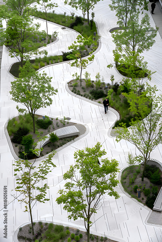 Poster a park with a winding path and trees. a man is walking on the path. the park is designed to be a rel