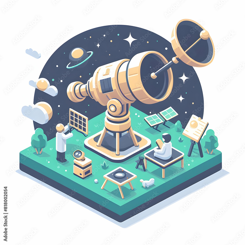 Poster scientists exploring celestial bodies and phenomena with advanced telescopes in isometric flat desig