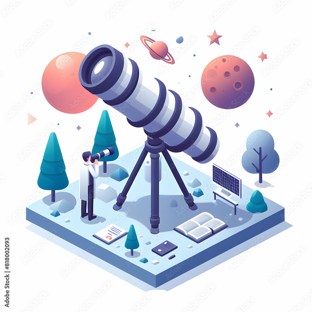 Poster advanced telescopic research concept: scientists exploring distant celestial bodies with advanced te