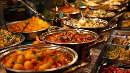 Obraz premium A buffet table filled with an array of delicious dishes, including savory meats, fresh salads, decadent desserts, and flavorful sides, ready to be enjoyed by diners