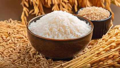 A bowl of raw white rice and a bowl of brown rice surrounded by scattered paddy grains and straw, agricultural produce, food source, and natural abundance.