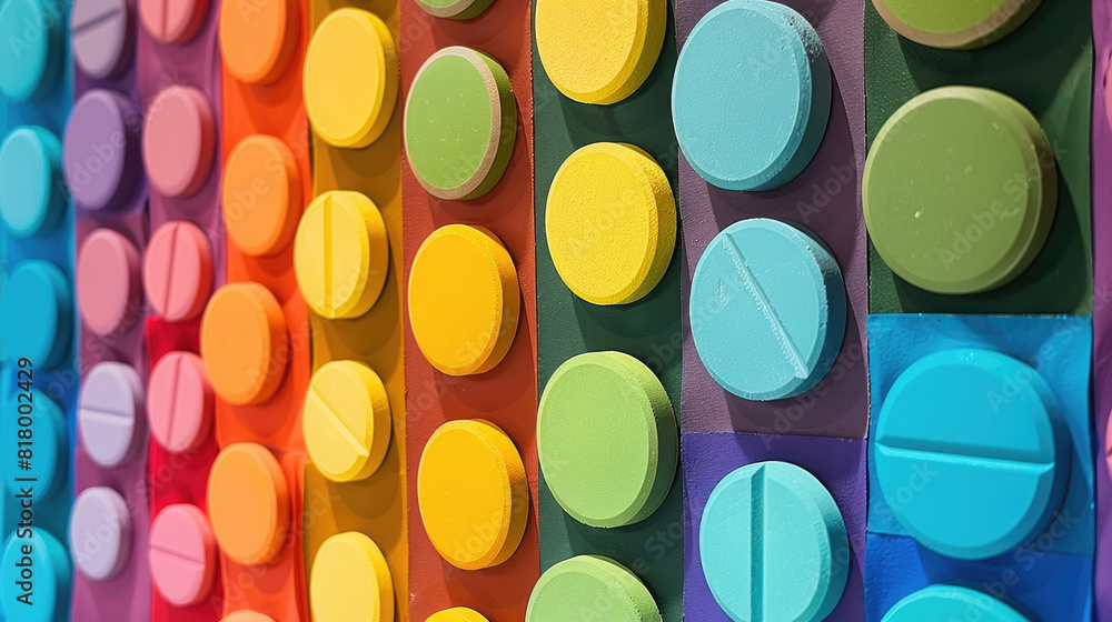 Poster various sizes and colors of circles arranged in a pattern on a wall, creating a visually striking an