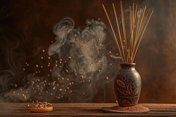 Cinematic photo of sticks for the room diff iPhones in an elegant vase with brown background, filled with smoke from incense and cocoa powder on wooden table. Aesthetic and minimalistic.