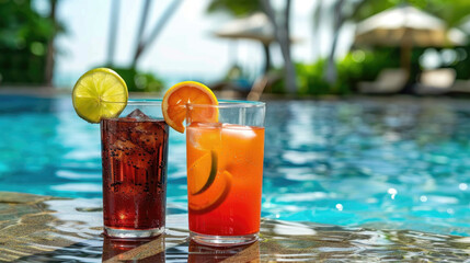 Two beverages placed on a table next to a shimmering swimming pool on a sunny day