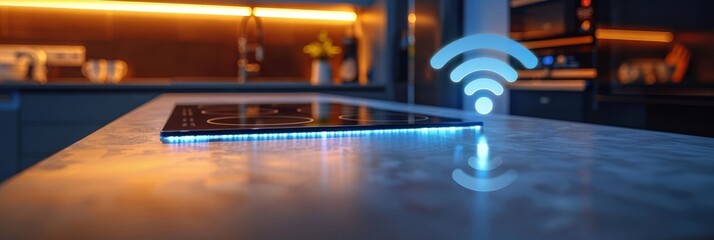 Smart Appliances Closeup of smart kitchen appliances seamlessly communicating over a WiFi 7 network, highlighting smart home integration and speed